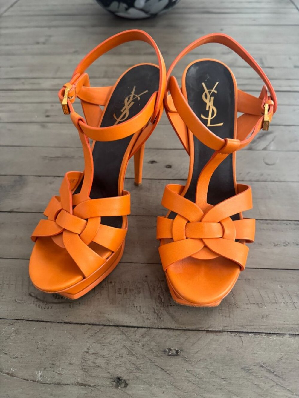YSL Saint Laurent Paris Orange Leather Tribute Platform Sandals Heels Size 38.5 - Picture 3 of 8